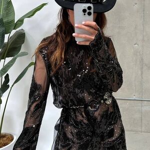 12th Tribe Black Sequin Long Sleeve mini Dress- Amber Nights